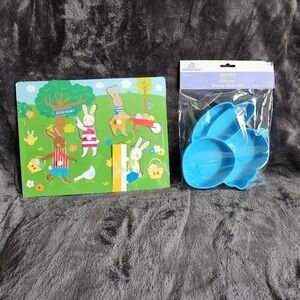 New toddler boy or girl Easter wooden puzzles and bunny shape plate with spoon